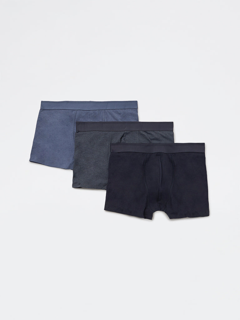 WES Lounge Blue Solid Cotton-Blend Trunks - Pack of 3
