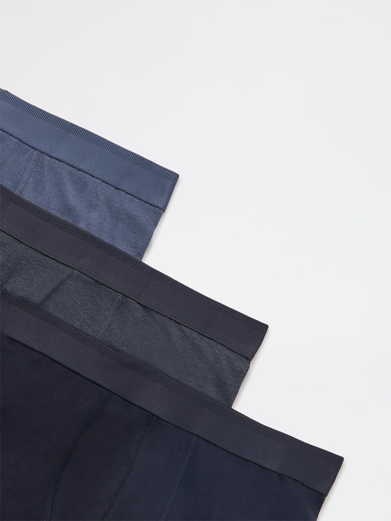 WES Lounge Blue Solid Cotton-Blend Trunks - Pack of 3