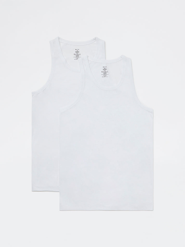 WES Lounge White Solid Relaxed-Fit Cotton Vests - Pack of 2