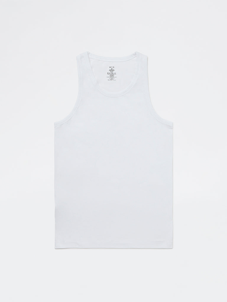 WES Lounge White Solid Relaxed-Fit Cotton Vests - Pack of 2