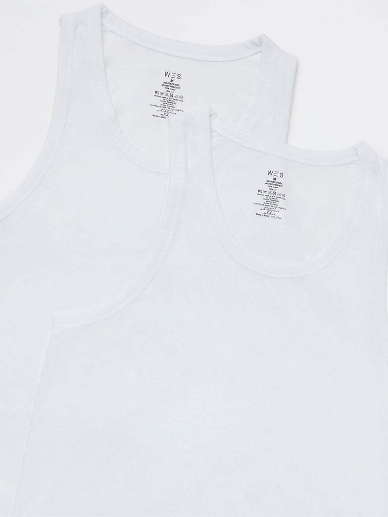 WES Lounge White Solid Relaxed-Fit Cotton Vests - Pack of 2
