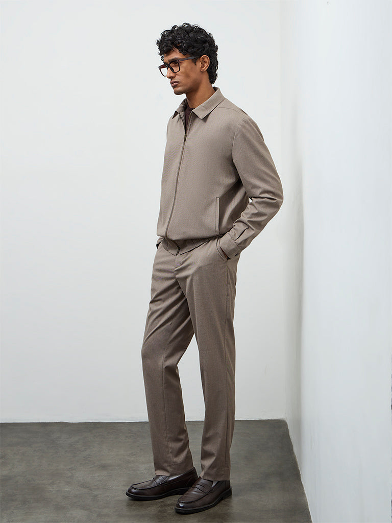 WES Formals Taupe Solid Slim-Fit Cotton Jacket