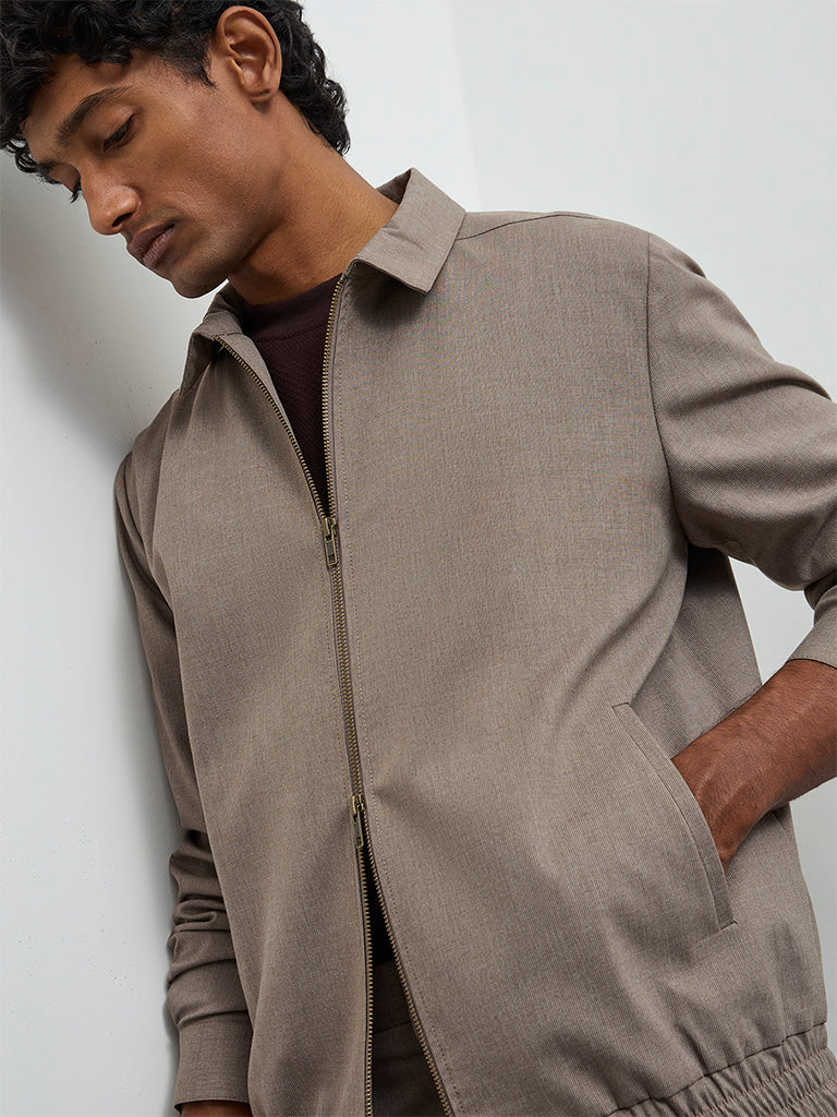 WES Formals Taupe Solid Slim-Fit Cotton Jacket
