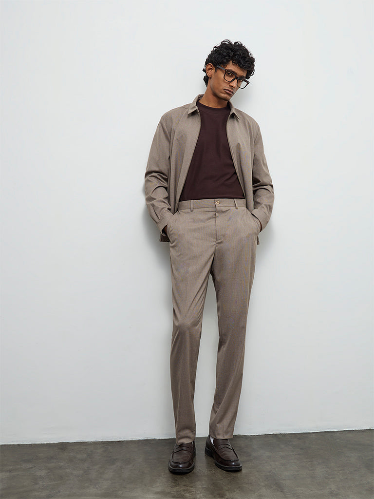 WES Formals Taupe Solid Relaxed-Fit Mid-Rise Trousers