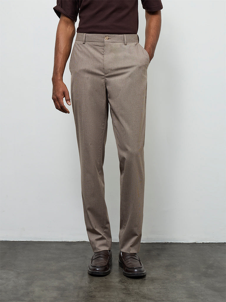 WES Formals Taupe Solid Relaxed-Fit Mid-Rise Trousers