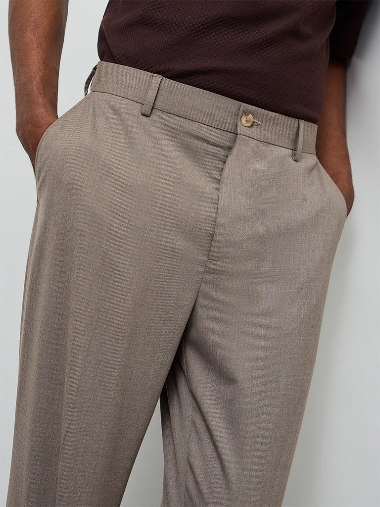 WES Formals Taupe Solid Relaxed-Fit Mid-Rise Trousers