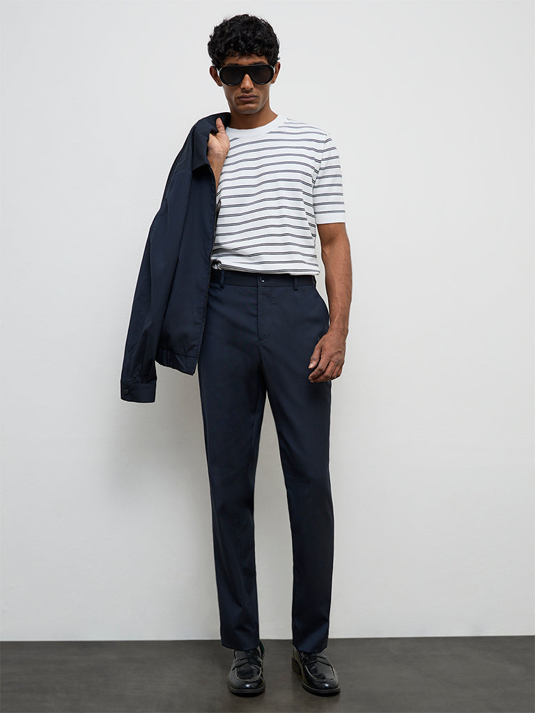 WES Formals Navy Pinstripe Relaxed-Fit Mid-Rise Trousers