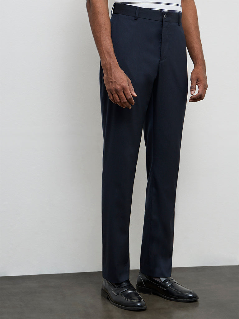 WES Formals Navy Pinstripe Relaxed-Fit Mid-Rise Trousers