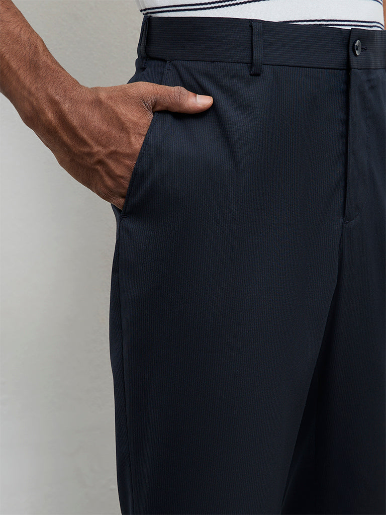 WES Formals Navy Pinstripe Relaxed-Fit Mid-Rise Trousers