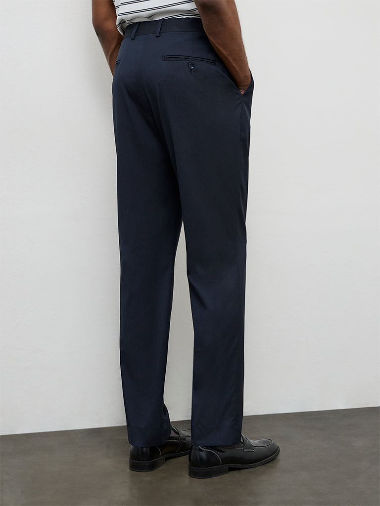 WES Formals Navy Pinstripe Relaxed-Fit Mid-Rise Trousers