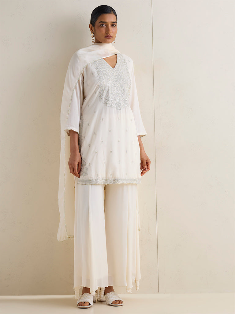 Vark Off-White Embroidered Cotton A-Line Ethnic Set