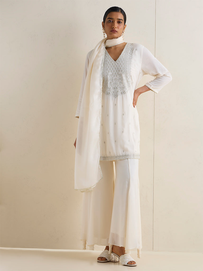 Vark Off-White Embroidered Cotton A-Line Ethnic Set