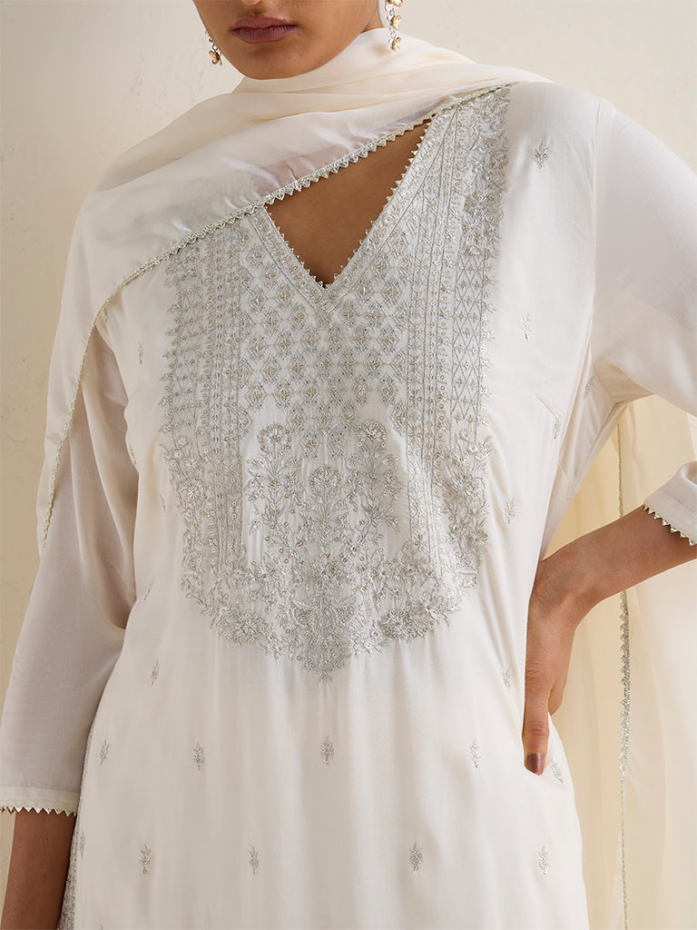 Vark Off-White Embroidered Cotton A-Line Ethnic Set