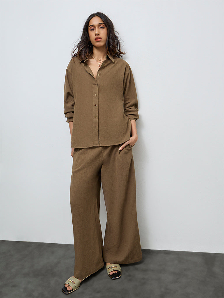 LOV Brown Self-Textured Shirt