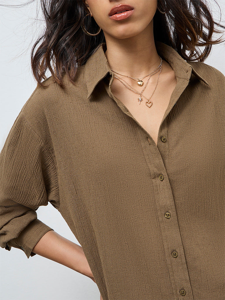 LOV Brown Self-Textured Shirt