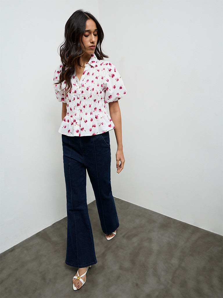 LOV White Printed Smocked Cotton Blouse