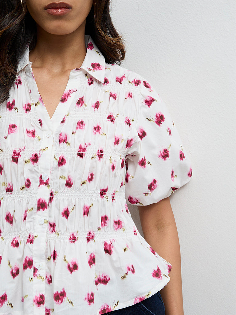 LOV White Printed Smocked Cotton Blouse