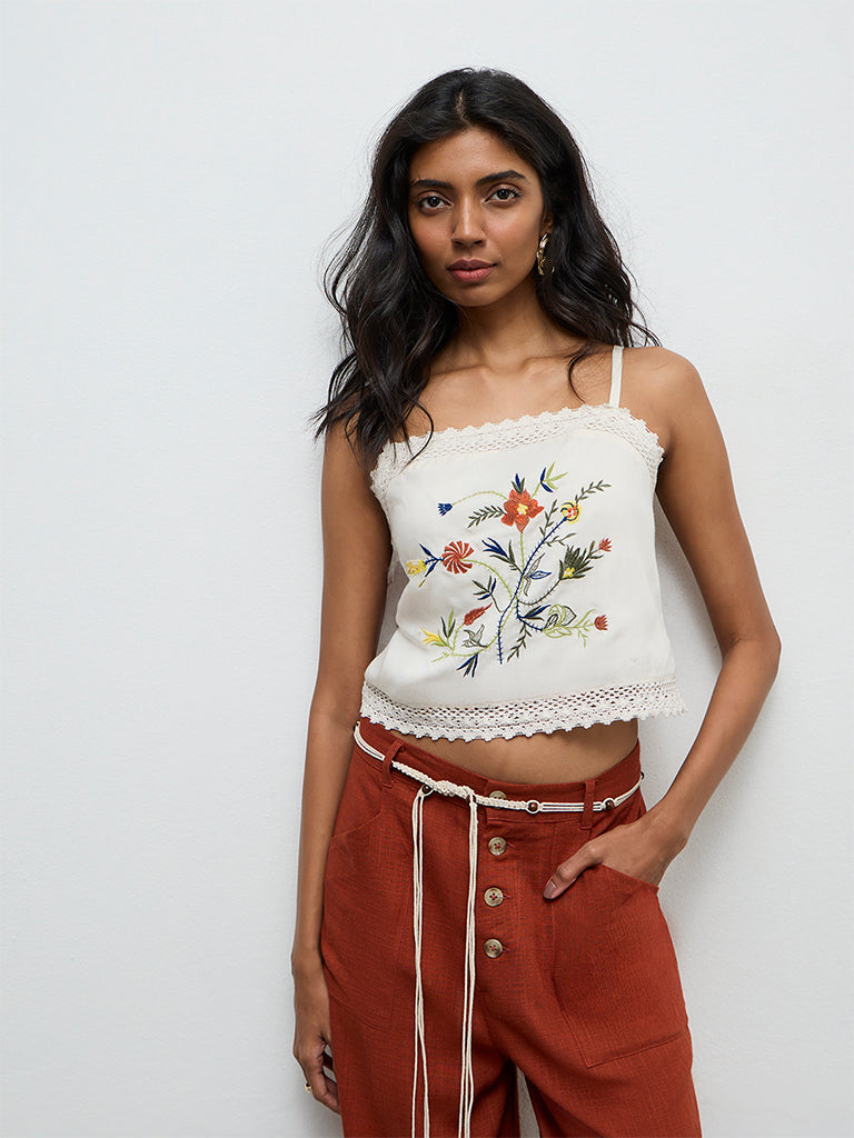 LOV Off-White Floral Embroidered Top