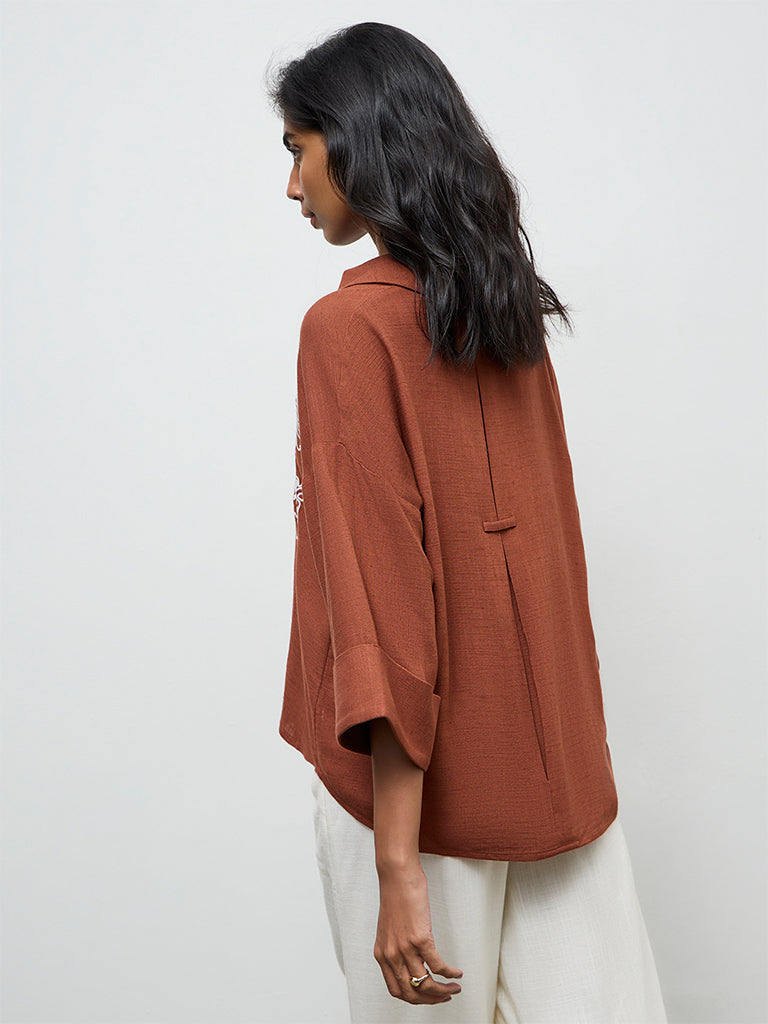 LOV Brown Floral Embroidered Blouse