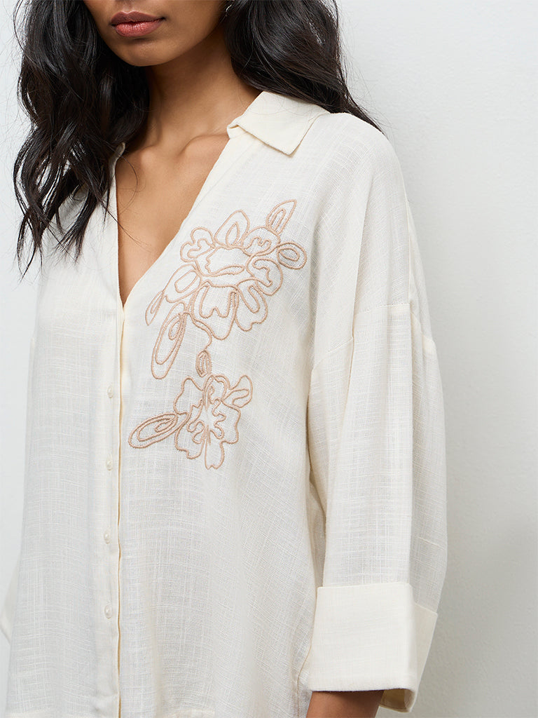 LOV Off-White Floral Embroidered Blouse