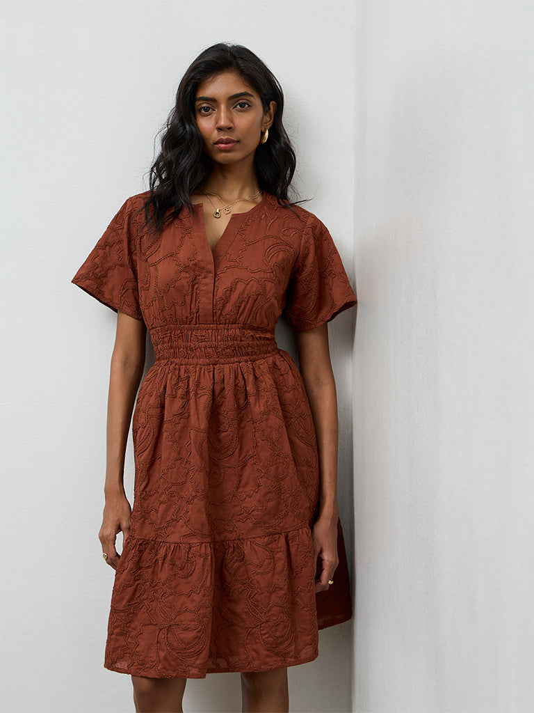 LOV Brown Embroidered A-Line Dress