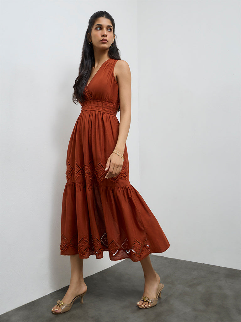 LOV Rust Embroidered Cotton A-Line Dress