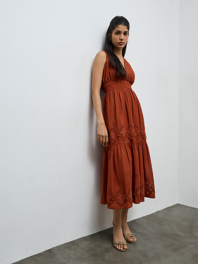 LOV Rust Embroidered Cotton A-Line Dress