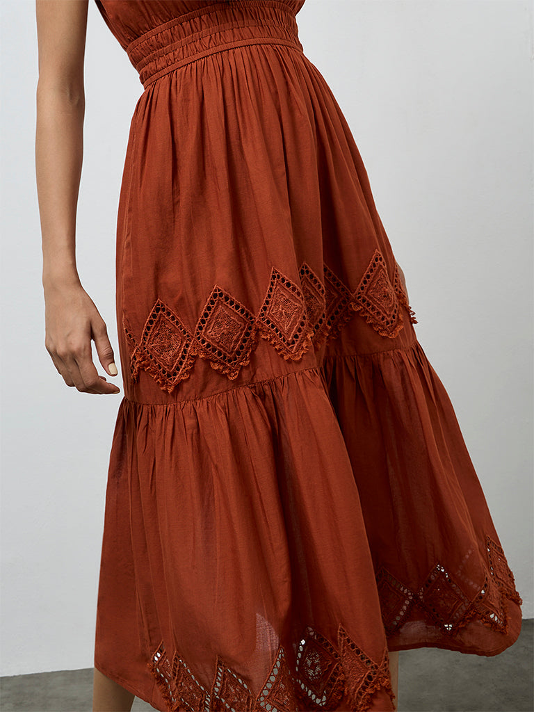 LOV Rust Embroidered Cotton A-Line Dress