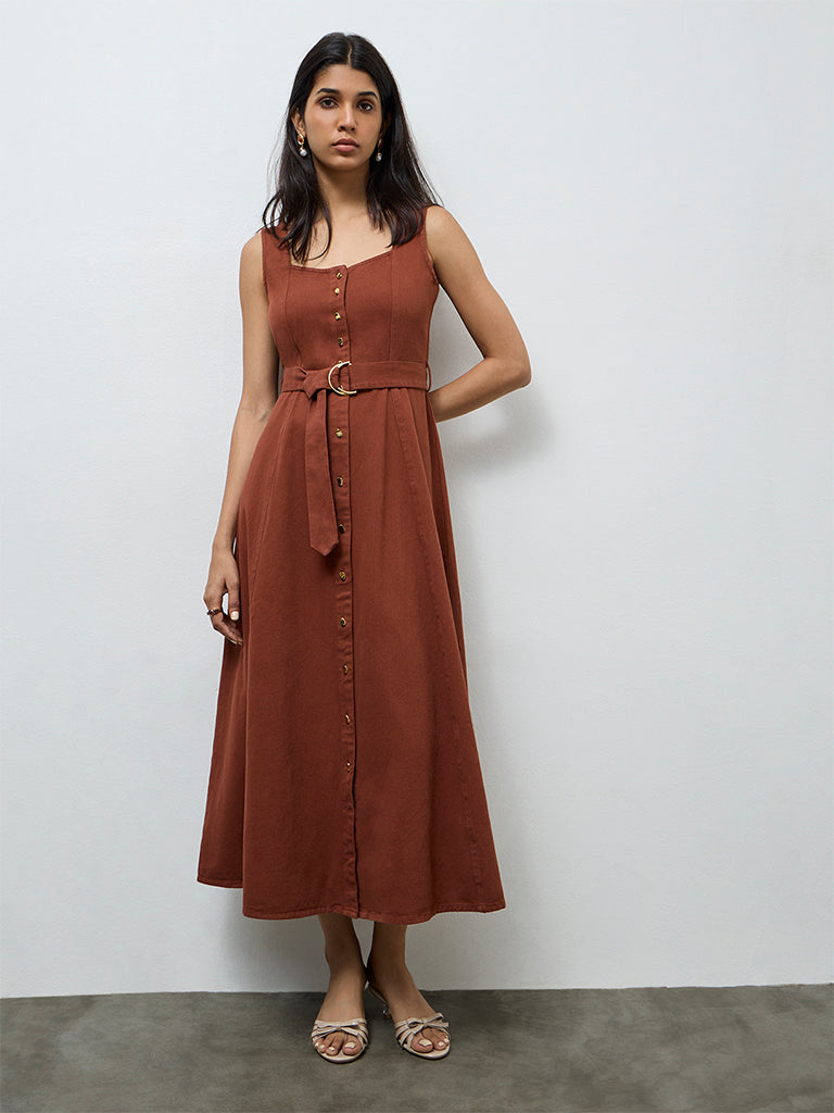 LOV Brown Denim A-Line Dress