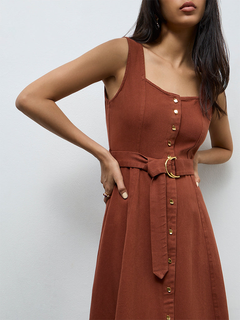 LOV Brown Denim A-Line Dress