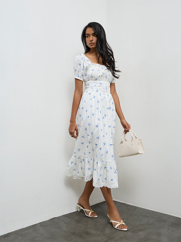 Buy LOV White Floral Printed A-Line Cotton Dress from Westside