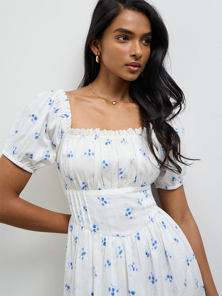 LOV White Floral Printed A-Line Cotton Dress
