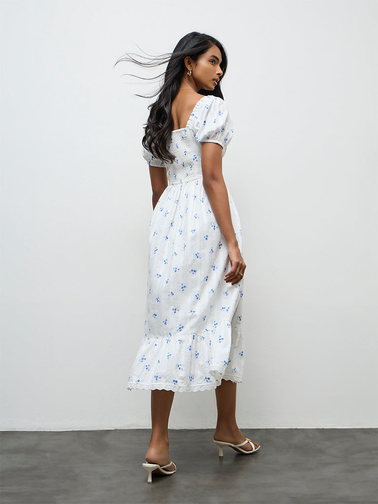 LOV White Floral Printed A-Line Cotton Dress