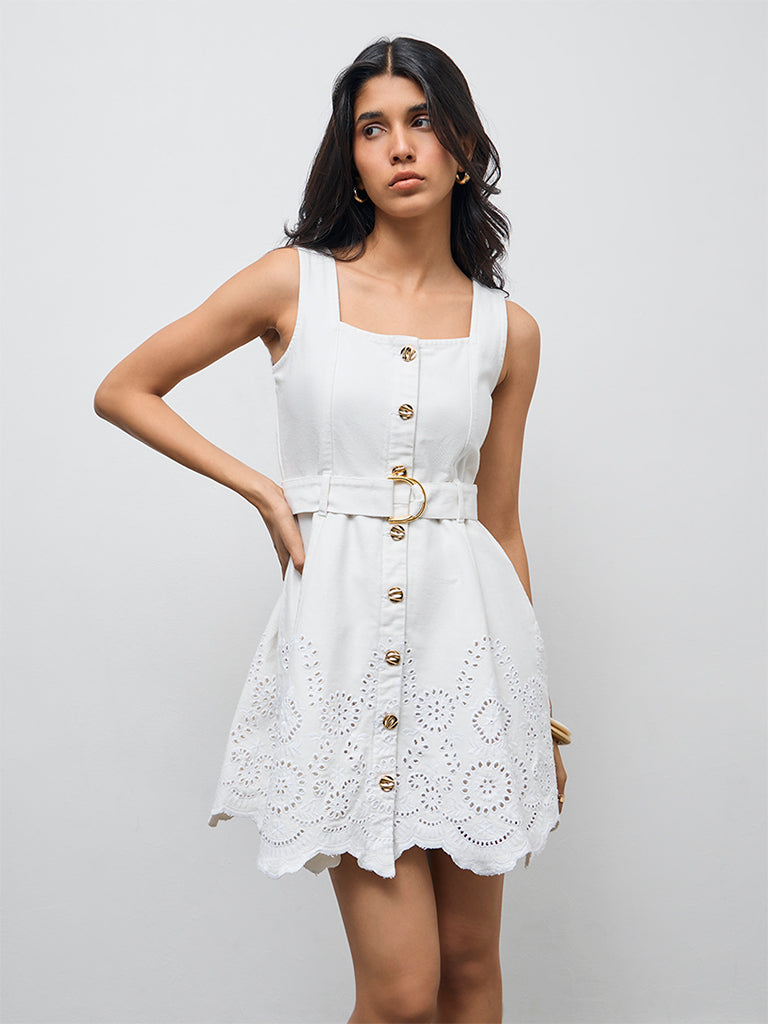LOV White Schiffli Embroidered Denim A-Line Dress with Belt