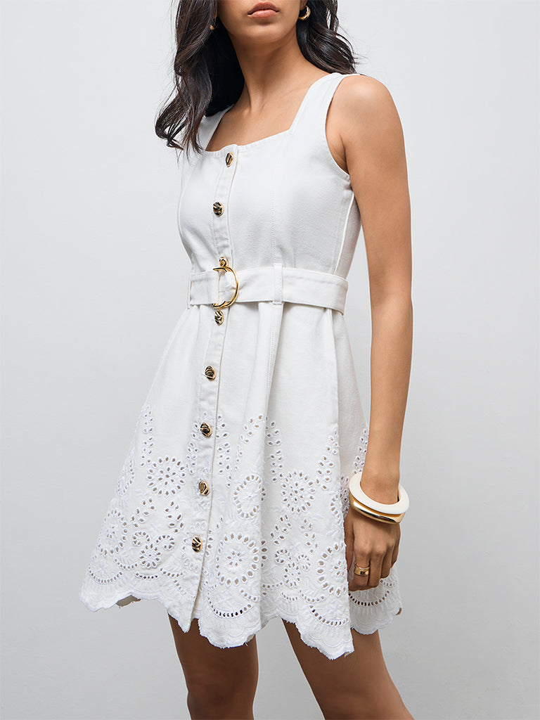 LOV White Schiffli Embroidered Denim A-Line Dress with Belt