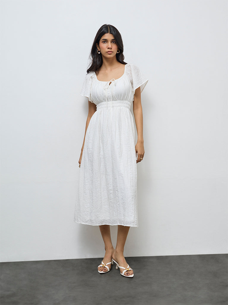 LOV White Self-Textured A-Line Dress