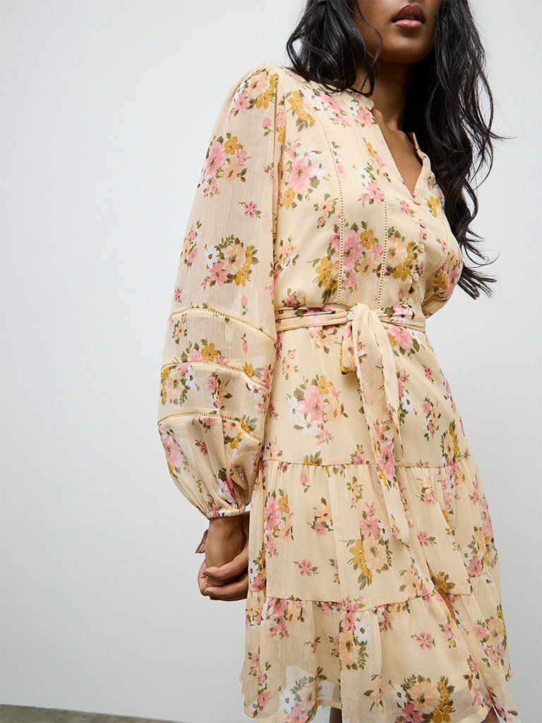 LOV Yellow Floral Printed A-Line Dress With Belt