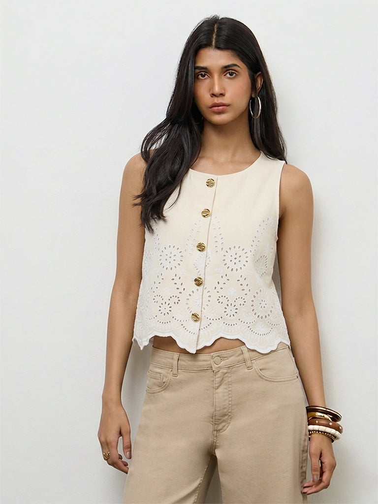 LOV Off-White Schiffli Embroidered Blouse