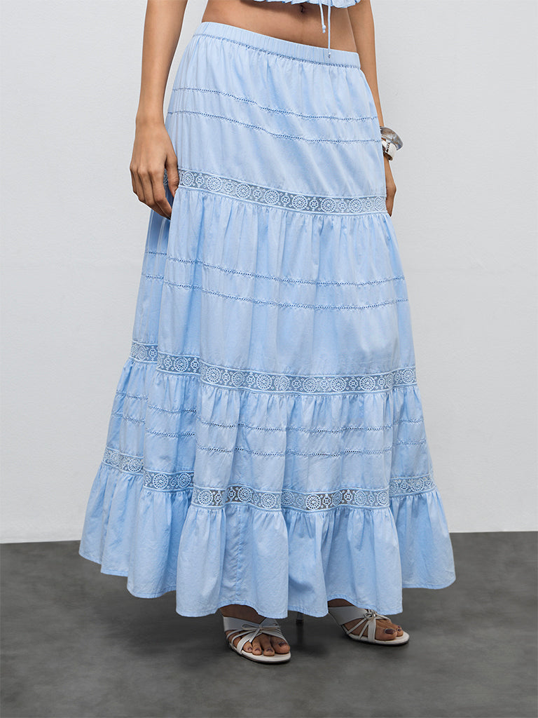 LOV Blue Lace Detailed High-Rise Cotton Tiered Skirt