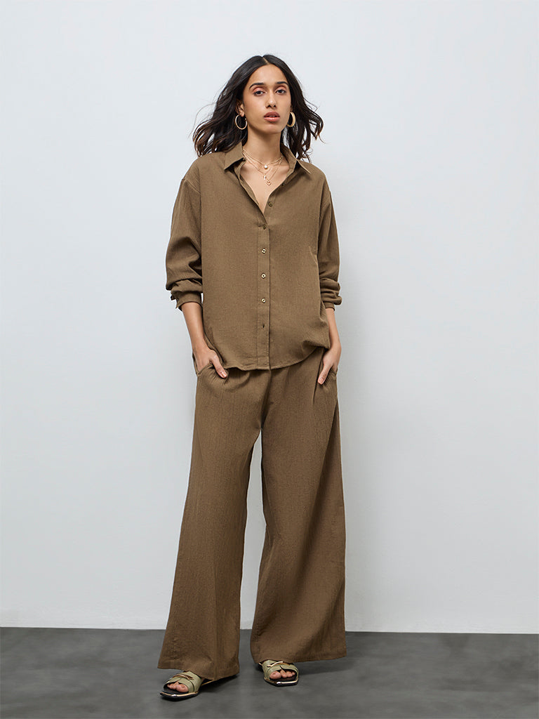 LOV Brown Self-Textured High-Rise Trousers