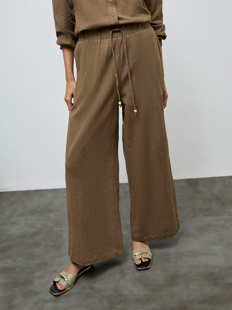 LOV Brown Self-Textured High-Rise Trousers