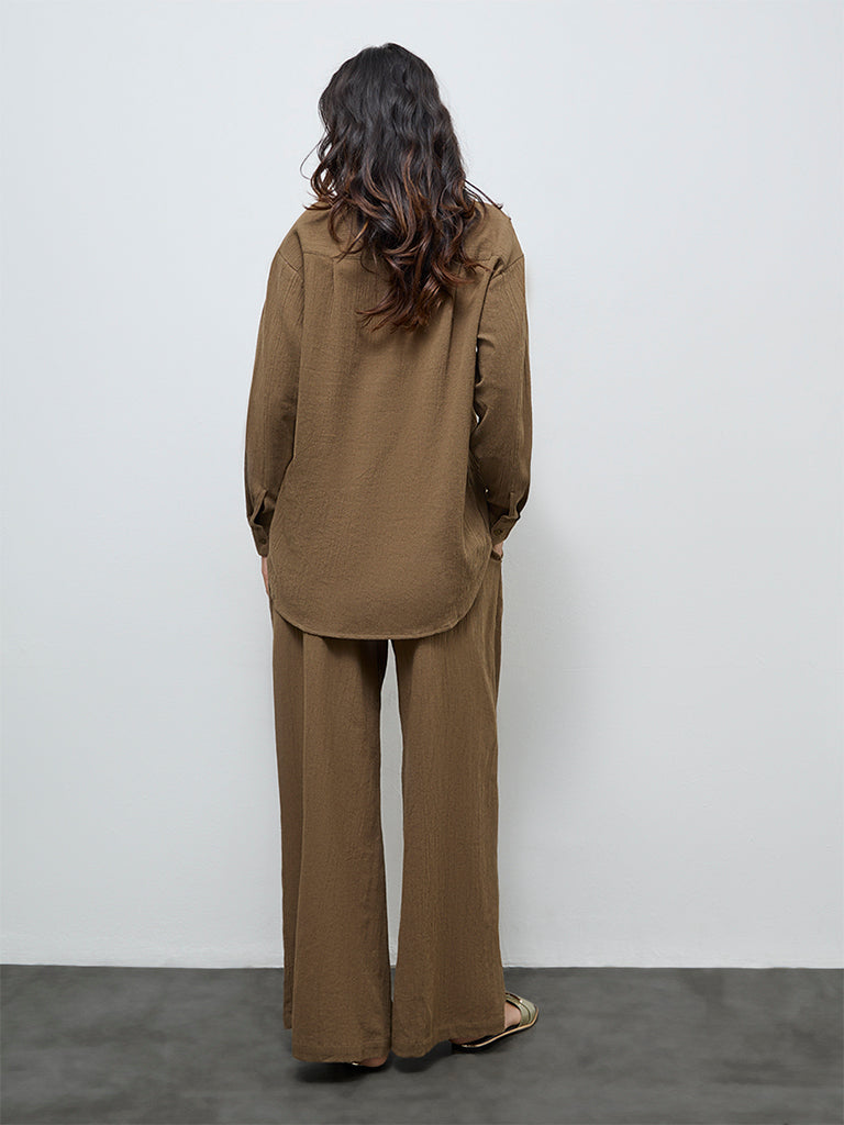 LOV Brown Self-Textured High-Rise Trousers