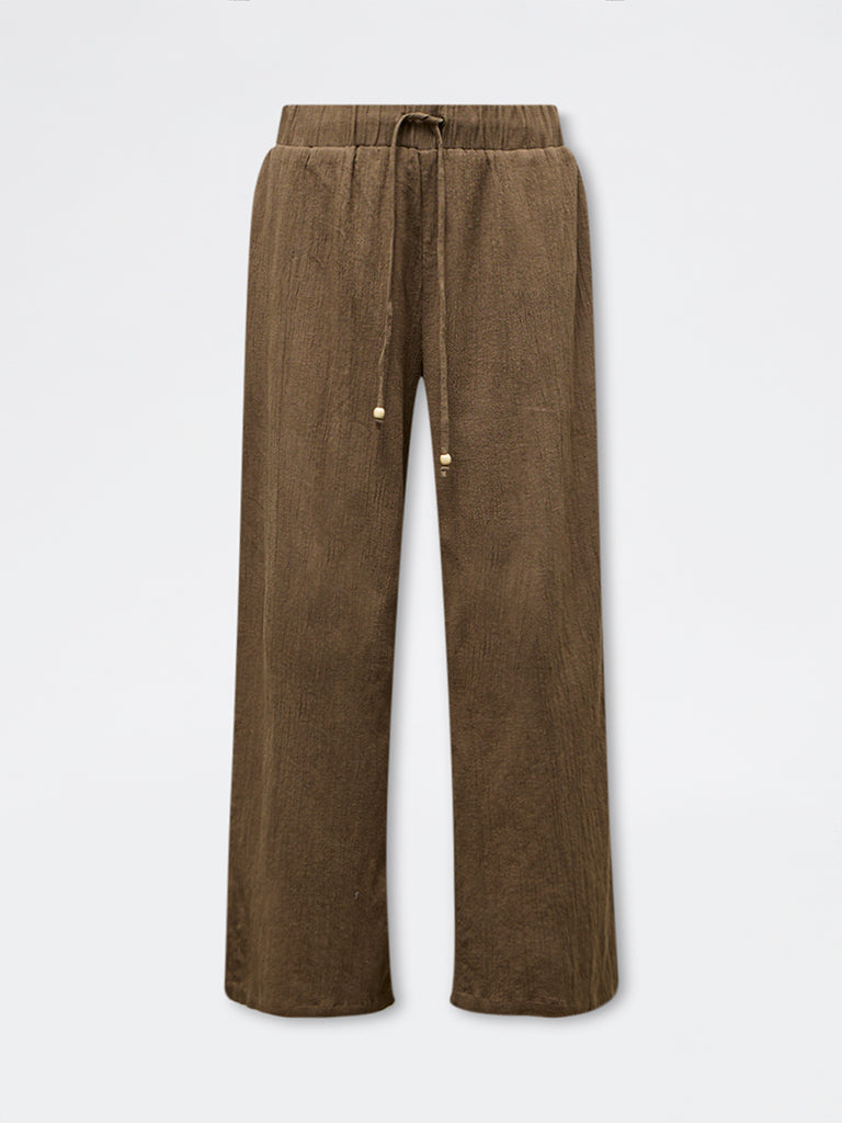 LOV Brown Self-Textured High-Rise Trousers