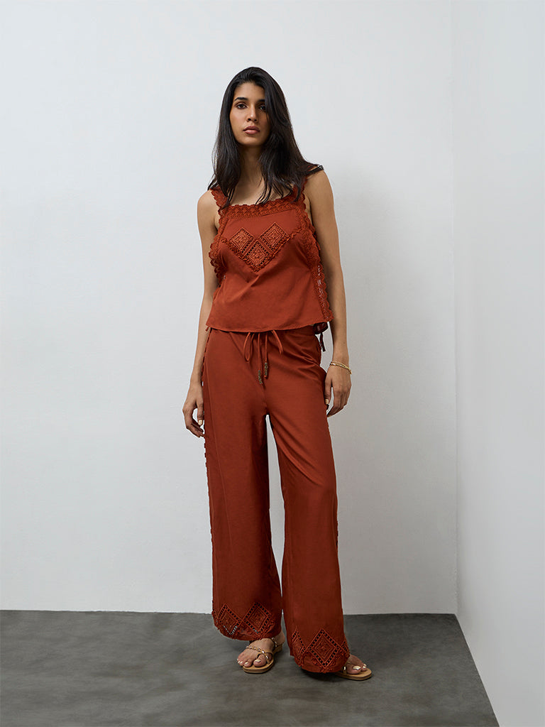 LOV Rust Embroidered High-Rise Cotton Pants