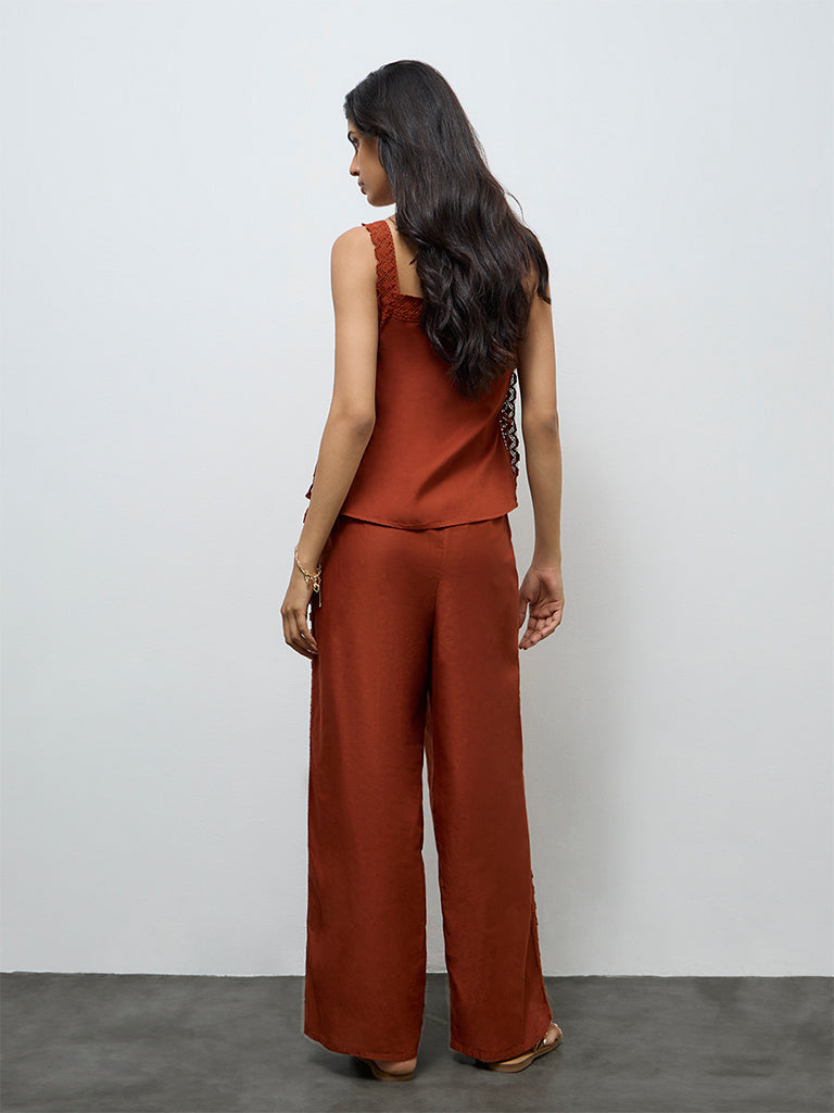 LOV Rust Embroidered High-Rise Cotton Pants