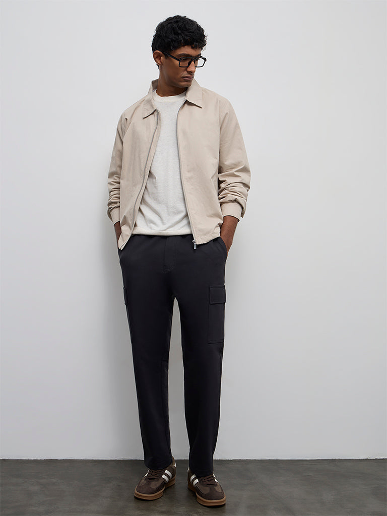 WES Casuals Dark Charcoal Relaxed-Fit Mid-Rise Cotton-Blend Cargo Pants