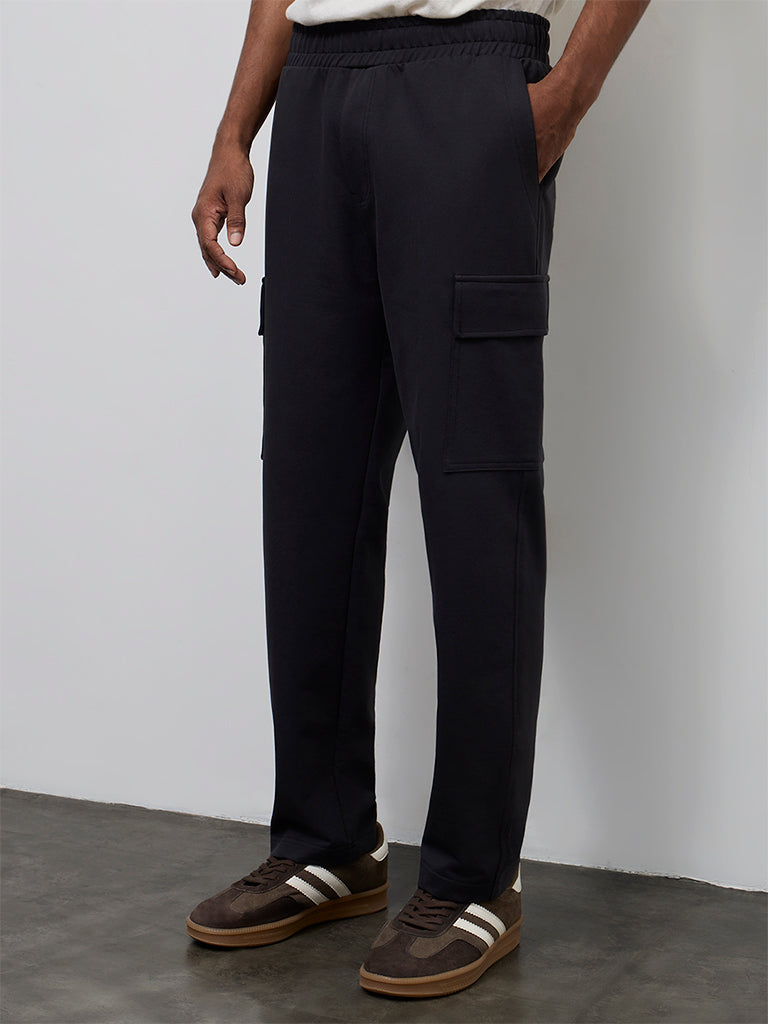 WES Casuals Dark Charcoal Relaxed-Fit Mid-Rise Cotton-Blend Cargo Pants