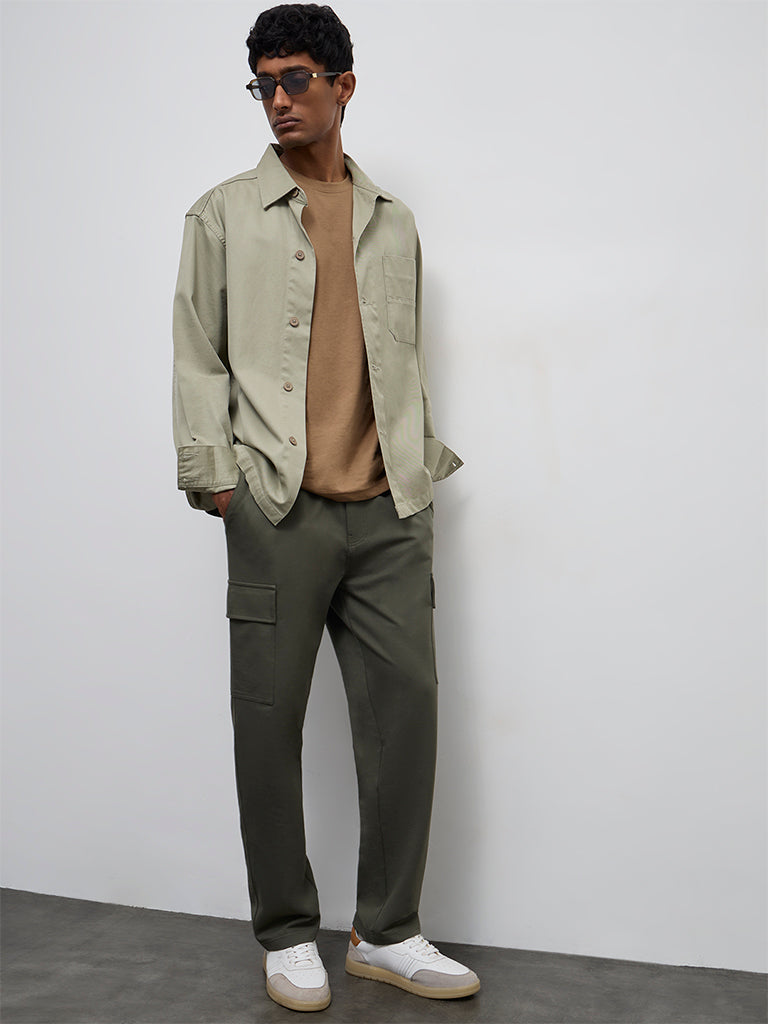 WES Casuals Olive Relaxed-Fit Mid-Rise Cotton-Blend Cargo Pants