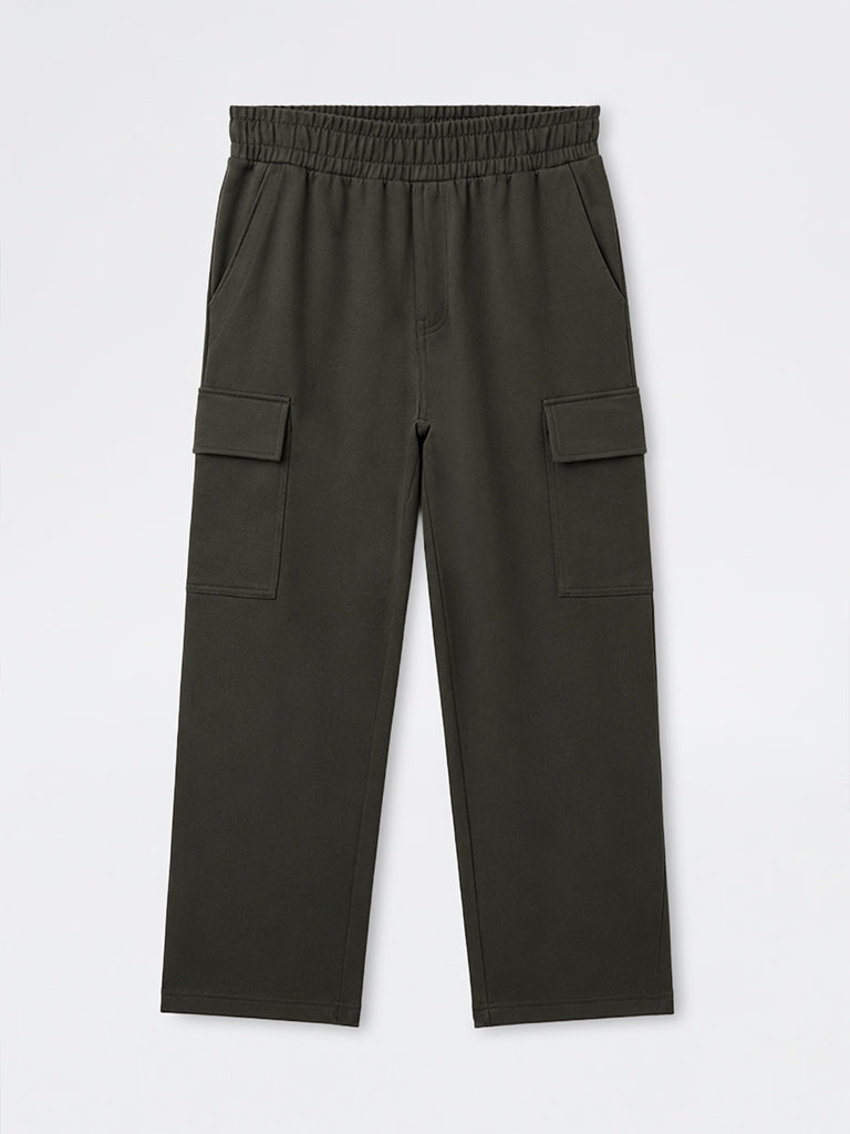 WES Casuals Olive Relaxed-Fit Mid-Rise Cotton-Blend Cargo Pants