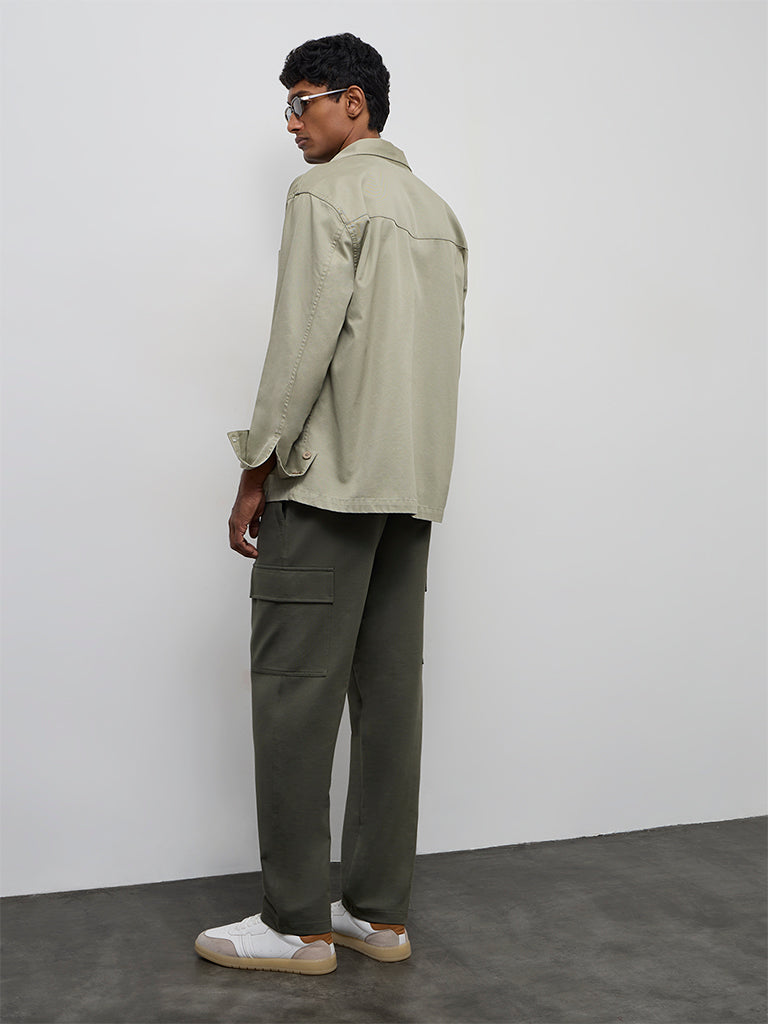 WES Casuals Olive Relaxed-Fit Mid-Rise Cotton-Blend Cargo Pants